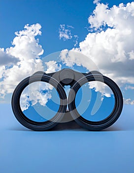 Binoculars with blue sky and clouds reflected in the lenses - future vision metaphor