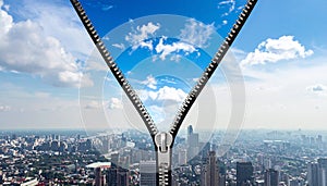 Clean air decarbonization. Clean air - decarbonization concept image with zipper