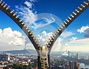 Clean air decarbonization. Clean air - decarbonization concept image with zipper