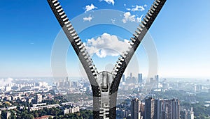 Clean air decarbonization. Clean air - decarbonization concept image with zipper