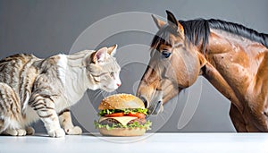 Horse, Burger, Cat