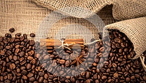 Coffee bean background. Coffee beans background on burlap