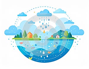 Vibrant Eco-Friendly Landscape with Rain and Aquatic Life