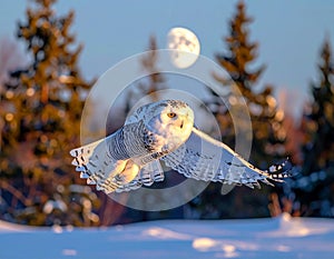 Majestic Snowy Owl in Moonlit Winter Flight