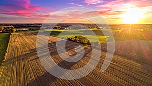 Aerial View of a Stunning Agricultural Landscape at Sunset Vibrant Colors and Fields
