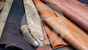 Pieces of the colored leathers. raw materials for manufacture