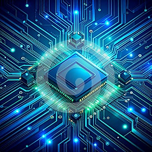 Futuristic Microchip on Illuminated Digital Circuit Board