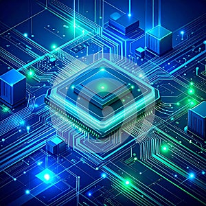 Futuristic Microchip and Circuit Board with Glowing Data Flow
