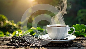 A white cup of steaming coffee placed on a saucer and surrounded by coffee beans