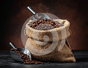 A sack of roasted coffee beans in a metal scoop studio.