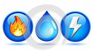 3D icons representing fire, water and electricity with a shiny look on a white background