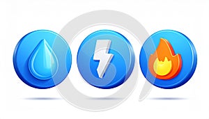 3D icons representing fire, water and electricity with a shiny look on a white background