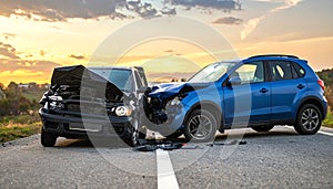 The scene of the car crash where a blue vehicle hit a black car on the road