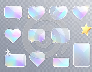 3D glass symbol. Transparent shapes with refraction and hologram effects. Glass