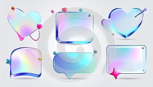 3D glass symbol. Transparent shapes with refraction and hologram effects. Glass