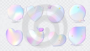 3D glass symbol. Transparent shapes with refraction and hologram effects. Glass