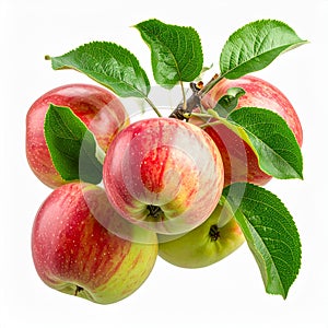 branch of fresh ripe apples with leaves isolated on white or transparent background