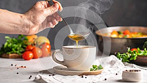 Close-up ladling steaming veggie soup into cup in cozy home kitchen