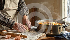 Warm winter home scene with dough kneading next to steaming pot
