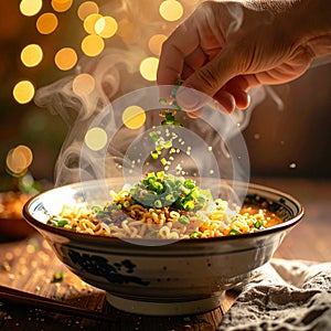 Close-up adding scallions to hot ramen with golden cozy kitchen glow