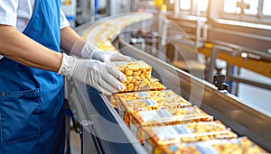 Close-up of hand placing snack packs on belt in industrial packaging area