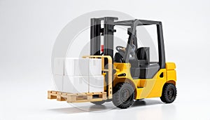 Mini warehouse forklift and pallet, clean logistics product shot