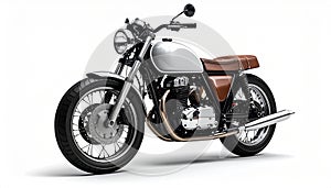 Retro cafe racer on white backdrop, 3 4 angle with chrome shine
