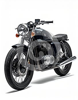 Retro cafe racer on white backdrop, 3 4 angle with chrome shine