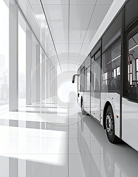 Modern urban bus, minimal white setup with soft shadow