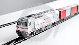 Freight train model with containers on white tabletop, logistics theme