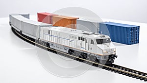 Freight train model with containers on white tabletop, logistics theme