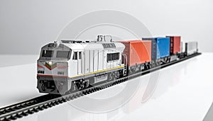 Freight train model with containers on white tabletop, logistics theme