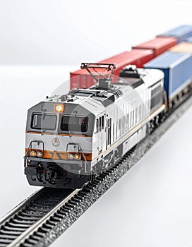 Freight train model with containers on white tabletop, logistics theme