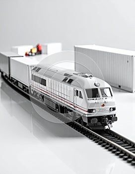 Freight train model with containers on white tabletop, logistics theme