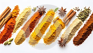 Colorful aromatic spices and herbs arranged on white for culinary creativity and food blogs