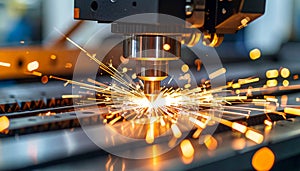 Laser cutting machine precisely cutting metal with vibrant sparks in modern factory setting