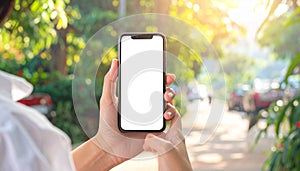 A smartphone holding hands with a blank screen, where you put an advertisement