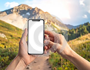 A smartphone holding hands with a blank screen, where you put an advertisement