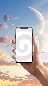 A smartphone holding hands with a blank screen, where you put an advertisement