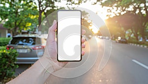 Hand holding smartphone with blank screen outdoors in sunlight