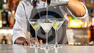 Barman pouring cold martini into glasses on counter, closeup