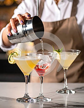 Barman pouring cold martini into glasses on counter, closeup