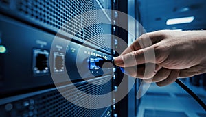 Person Connecting Network Cable to Server Rack
