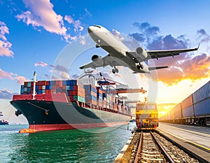 Container ship, freight train and aircraft operating at an international port terminal