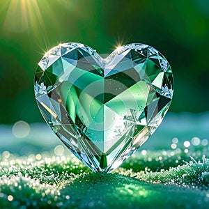 Faceted Crystal Heart on Frost-Green Winter Surface