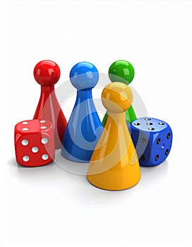 Colored board game pieces with dice, 3D rendering isolated on white background