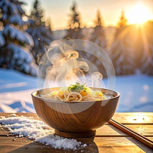 Steaming Bowl of Ramen on Warm Wooden Winter Table
