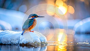 Vivid Blue Kingfisher beside Frozen Stream Reflection