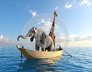Elephant and a giraffe together on a boat in the middle of the sea. This is a 3d rend