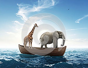 Elephant and a giraffe together on a boat in the middle of the sea. This is a 3d rend